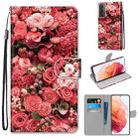 For Samsung Galaxy S21 5G Coloured Drawing Cross Texture Horizontal Flip PU Leather Case with Holder & Card Slots & Wallet & Lanyard(Pink Rose Garden) - 1