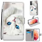 For Samsung Galaxy S21 5G Coloured Drawing Cross Texture Horizontal Flip PU Leather Case with Holder & Card Slots & Wallet & Lanyard(White Kitten) - 1