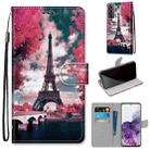 For Samsung Galaxy S21+ 5G Coloured Drawing Cross Texture Horizontal Flip PU Leather Case with Holder & Card Slots & Wallet & Lanyard(Pink Flower Tower Bridge) - 1