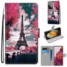 For Samsung Galaxy S21 Ultra 5G Coloured Drawing Cross Texture Horizontal Flip PU Leather Case with Holder & Card Slots & Wallet & Lanyard(Pink Flower Tower Bridge) - 1