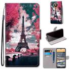 For Nokia 5.3 Coloured Drawing Cross Texture Horizontal Flip PU Leather Case with Holder & Card Slots & Wallet & Lanyard(Pink Flower Tower Bridge) - 1