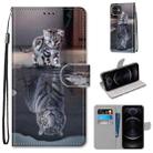 For iPhone 12 / 12 Pro Coloured Drawing Cross Texture Horizontal Flip PU Leather Case with Holder & Card Slots & Wallet & Lanyard(Cat Becomes Tiger) - 1