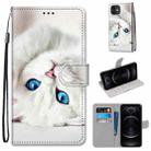 For iPhone 12 / 12 Pro Coloured Drawing Cross Texture Horizontal Flip PU Leather Case with Holder & Card Slots & Wallet & Lanyard(White Kitten) - 1