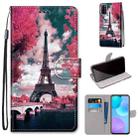 For Huawei Honor 30 Lite Coloured Drawing Cross Texture Horizontal Flip PU Leather Case with Holder & Card Slots & Wallet & Lanyard(Pink Flower Tower Bridge) - 1