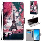 For Huawei Honor Play4 Coloured Drawing Cross Texture Horizontal Flip PU Leather Case with Holder & Card Slots & Wallet & Lanyard(Pink Flower Tower Bridge) - 1