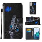 For Samsung Galaxy S21+ 5G Cross Texture Painting Pattern Horizontal Flip Leather Case with Holder & Card Slots & Wallet & Lanyard(Blue Butterfly Cat Eyes) - 1