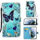 For Samsung Galaxy S21+ 5G Colored Drawing Pattern Plain Weave Horizontal Flip Leather Case with Holder & Card Slot & Wallet & Lanyard(Caring Butterfly) - 1