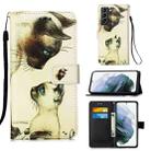 For Samsung Galaxy S21+ 5G Colored Drawing Pattern Plain Weave Horizontal Flip Leather Case with Holder & Card Slot & Wallet & Lanyard(Cat Looking) - 1