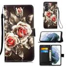 For Samsung Galaxy S21+ 5G Colored Drawing Pattern Plain Weave Horizontal Flip Leather Case with Holder & Card Slot & Wallet & Lanyard(Roses On Black) - 1