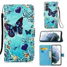 For Samsung Galaxy S21 5G Colored Drawing Pattern Plain Weave Horizontal Flip Leather Case with Holder & Card Slot & Wallet & Lanyard(Caring Butterfly) - 1