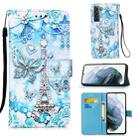 For Samsung Galaxy S21 5G Colored Drawing Pattern Plain Weave Horizontal Flip Leather Case with Holder & Card Slot & Wallet & Lanyard(Tower Butterfly) - 1