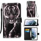 For Samsung Galaxy S21 5G Colored Drawing Pattern Plain Weave Horizontal Flip Leather Case with Holder & Card Slot & Wallet & Lanyard(Black And White Tiger) - 1
