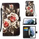 For Samsung Galaxy S21 5G Colored Drawing Pattern Plain Weave Horizontal Flip Leather Case with Holder & Card Slot & Wallet & Lanyard(Roses On Black) - 1