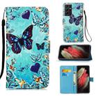 For Samsung Galaxy S21 Ultra 5G Colored Drawing Pattern Plain Weave Horizontal Flip Leather Case with Holder & Card Slot & Wallet & Lanyard(Caring Butterfly) - 1