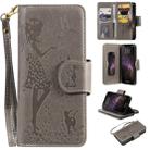 For iPhone 11 Pro Max Woman and Cat Embossed Horizontal Flip Leather Case, with Wallet & Holder & Card Slots & Photo Frame & Mirror & Lanyard(Grey) - 1