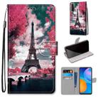 For Huawei P Smart 2021 / Y7a Coloured Drawing Cross Texture Horizontal Flip PU Leather Case with Holder & Card Slots & Wallet & Lanyard(Pink Flower Tower Bridge) - 1