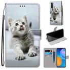 For Huawei P Smart 2021 / Y7a Coloured Drawing Cross Texture Horizontal Flip PU Leather Case with Holder & Card Slots & Wallet & Lanyard(Small Gray Cat) - 1