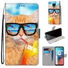 For Motorola Moto E7 Coloured Drawing Cross Texture Horizontal Flip PU Leather Case with Holder & Card Slots & Wallet & Lanyard(Cat Drinking Soda) - 1