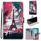 For Motorola Moto E7 Coloured Drawing Cross Texture Horizontal Flip PU Leather Case with Holder & Card Slots & Wallet & Lanyard(Pink Flower Tower Bridge) - 1