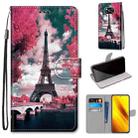 For Xiaomi Poco X3 NFC Coloured Drawing Cross Texture Horizontal Flip PU Leather Case with Holder & Card Slots & Wallet & Lanyard(Pink Flower Tower Bridge) - 1