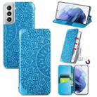 For Samsung Galaxy S21 5G Blooming Mandala Embossed Pattern Magnetic Horizontal Flip Leather Case with Holder & Card Slots & Wallet(Blue) - 1