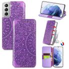 For Samsung Galaxy S21 5G Blooming Mandala Embossed Pattern Magnetic Horizontal Flip Leather Case with Holder & Card Slots & Wallet(Purple) - 1