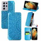 For Samsung Galaxy S21 Ultra 5G Blooming Mandala Embossed Pattern Magnetic Horizontal Flip Leather Case with Holder & Card Slots & Wallet(Blue) - 1