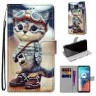 For Motorola Moto E7 Coloured Drawing Cross Texture Horizontal Flip PU Leather Case with Holder & Card Slots & Wallet & Lanyard(Leather Shoes Cat) - 1