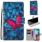 For Motorola Moto E7 Coloured Drawing Cross Texture Horizontal Flip PU Leather Case with Holder & Card Slots & Wallet & Lanyard(Blue Red Butterfly) - 1