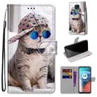 For Motorola Moto E7 Coloured Drawing Cross Texture Horizontal Flip PU Leather Case with Holder & Card Slots & Wallet & Lanyard(Slant Hat Blue Mirror Cat) - 1