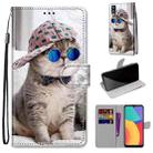 For Alcatel 1L (2021) Coloured Drawing Cross Texture Horizontal Flip PU Leather Case with Holder & Card Slots & Wallet & Lanyard(Slant Hat Blue Mirror Cat) - 1