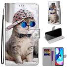 For Motorola Moto E7 Plus / G9 Play / G9 Coloured Drawing Cross Texture Horizontal Flip PU Leather Case with Holder & Card Slots & Wallet & Lanyard(Slant Hat Blue Mirror Cat) - 1