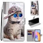 For Honor 10X Lite Coloured Drawing Cross Texture Horizontal Flip PU Leather Case with Holder & Card Slots & Wallet & Lanyard(Slant Hat Blue Mirror Cat) - 1