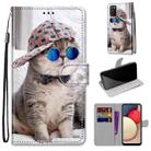 For Samsung Galaxy A02s / M02s Coloured Drawing Cross Texture Horizontal Flip PU Leather Case with Holder & Card Slots & Wallet & Lanyard(Slant Hat Blue Mirror Cat) - 1