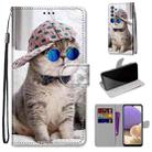 For Samsung Galaxy A32 5G Coloured Drawing Cross Texture Horizontal Flip PU Leather Case with Holder & Card Slots & Wallet & Lanyard(Slant Hat Blue Mirror Cat) - 1