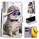 For Xiaomi Poco X3 NPC Coloured Drawing Cross Texture Horizontal Flip PU Leather Case with Holder & Card Slots & Wallet & Lanyard(Slant Hat Blue Mirror Cat) - 1