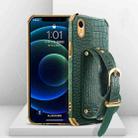 For iPhone XR Electroplated TPU Crocodile Pattern Leather Case with Wrist Strap(Green) - 1