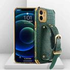 For iPhone 12 Electroplated TPU Crocodile Pattern Leather Case with Wrist Strap(Green) - 1