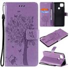 For Motorola Moto G9 Power Tree & Cat Pattern Pressed Printing Horizontal Flip PU Leather Case with Holder & Card Slots & Wallet & Lanyard(Light Purple) - 1