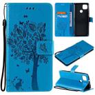 For Motorola Moto G9 Power Tree & Cat Pattern Pressed Printing Horizontal Flip PU Leather Case with Holder & Card Slots & Wallet & Lanyard(Blue) - 1