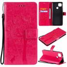 For Motorola Moto G9 Power Tree & Cat Pattern Pressed Printing Horizontal Flip PU Leather Case with Holder & Card Slots & Wallet & Lanyard(Rose Red) - 1