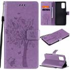 For Xiaomi Redmi Note 9 4G Tree & Cat Pattern Pressed Printing Horizontal Flip PU Leather Case with Holder & Card Slots & Wallet & Lanyard(Light Purple) - 1