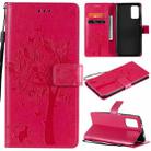 For Xiaomi Redmi Note 9 4G Tree & Cat Pattern Pressed Printing Horizontal Flip PU Leather Case with Holder & Card Slots & Wallet & Lanyard(Rose Red) - 1