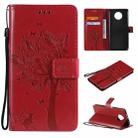 For Xiaomi Redmi Note 9 5G Tree & Cat Pattern Pressed Printing Horizontal Flip PU Leather Case with Holder & Card Slots & Wallet & Lanyard(Red) - 1