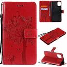 For LG K42 Tree & Cat Pattern Pressed Printing Horizontal Flip PU Leather Case with Holder & Card Slots & Wallet & Lanyard(Red) - 1