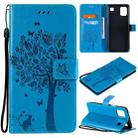 For LG K92 5G Tree & Cat Pattern Pressed Printing Horizontal Flip PU Leather Case with Holder & Card Slots & Wallet & Lanyard(Blue) - 1