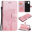 For LG K92 5G Tree & Cat Pattern Pressed Printing Horizontal Flip PU Leather Case with Holder & Card Slots & Wallet & Lanyard(Rose Gold) - 1