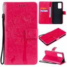 For Samsung Galaxy A52 5G Tree & Cat Pattern Pressed Printing Horizontal Flip PU Leather Case with Holder & Card Slots & Wallet & Lanyard(Rose) - 1