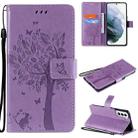 For Samsung Galaxy S21+ 5G Tree & Cat Pattern Pressed Printing Horizontal Flip PU Leather Case with Holder & Card Slots & Wallet & Lanyard(Lavender) - 1