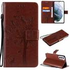 For Samsung Galaxy S21+ 5G Tree & Cat Pattern Pressed Printing Horizontal Flip PU Leather Case with Holder & Card Slots & Wallet & Lanyard(Coffee) - 1